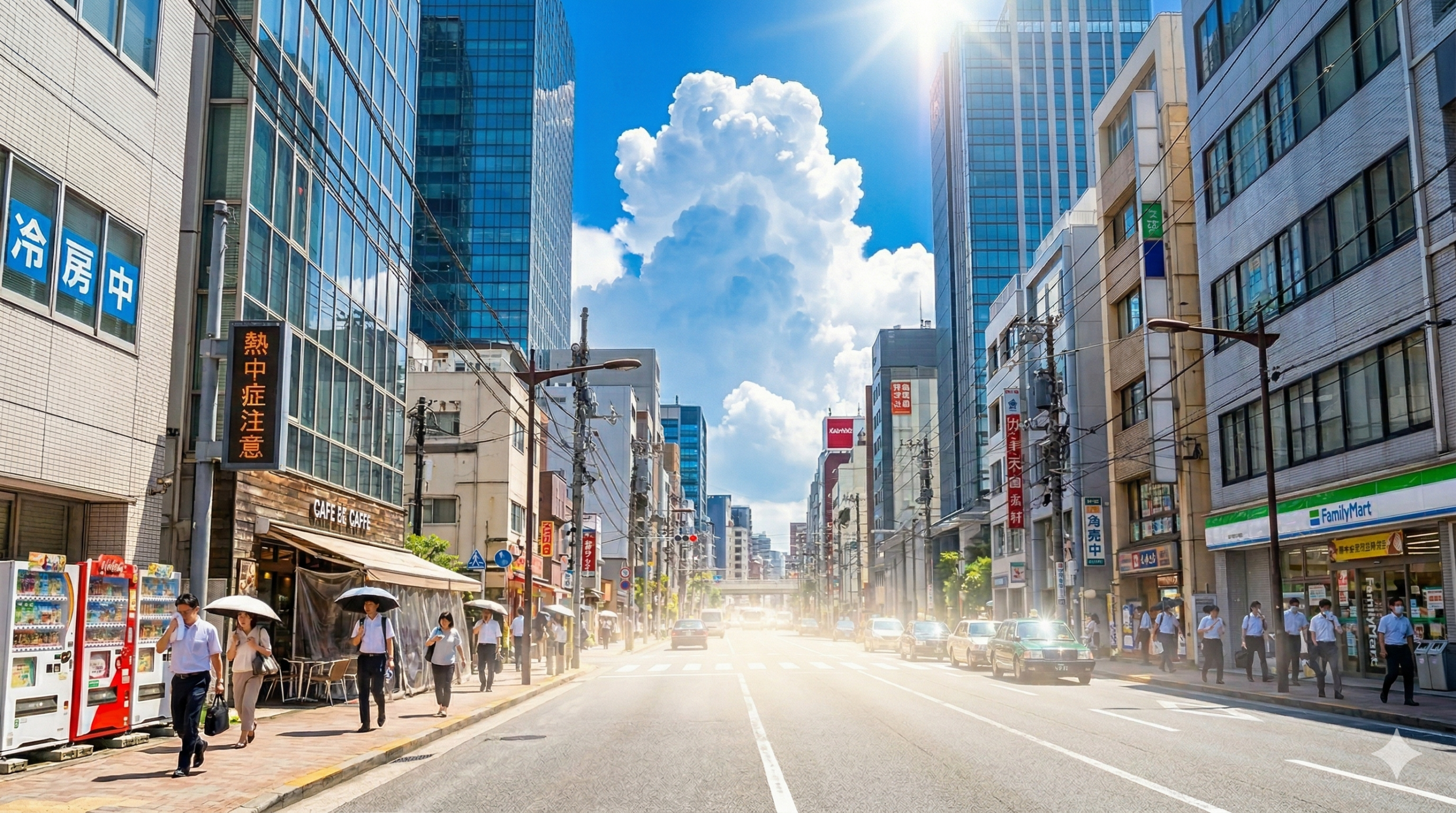 真夏の都市の暑さ、熱中症注意の街並み